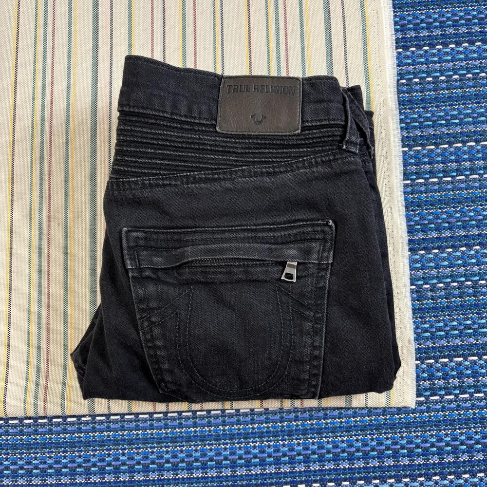 True Religion Rocco Jeans Mens 31x32 Black Relaxed Skinny Moto Stretch Denim EC